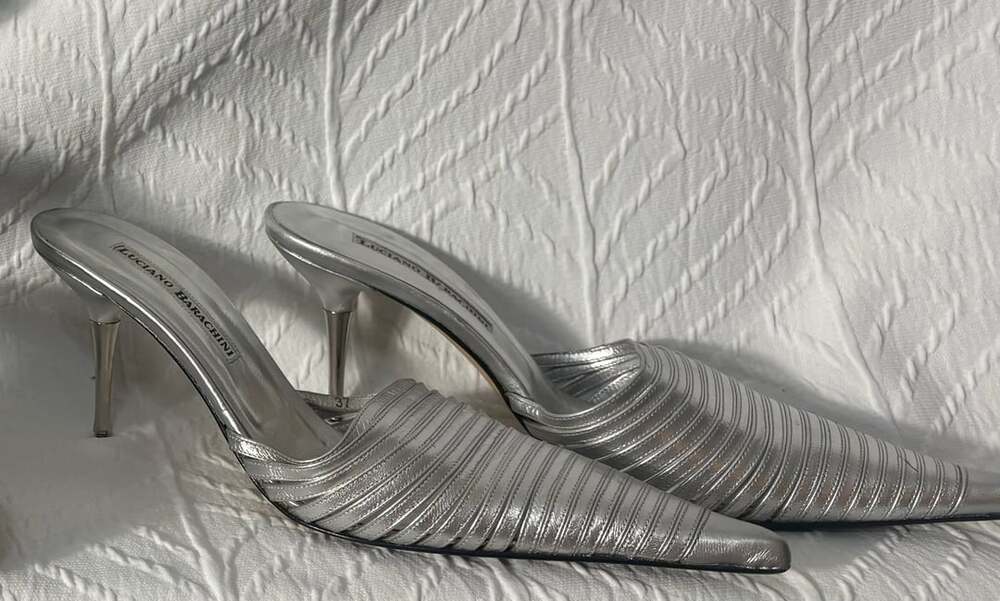 Luciano Barachini Silver Metallic Pointed Toe Stiletto Mules Heels Size 37
